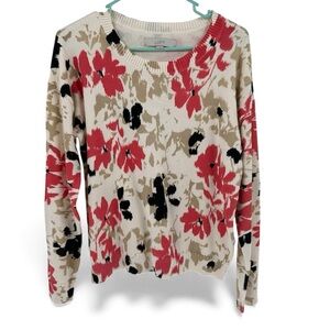 Loft Long Sleeve Crew Neck Floral Print Pullover Sweater Size S Cream Coral